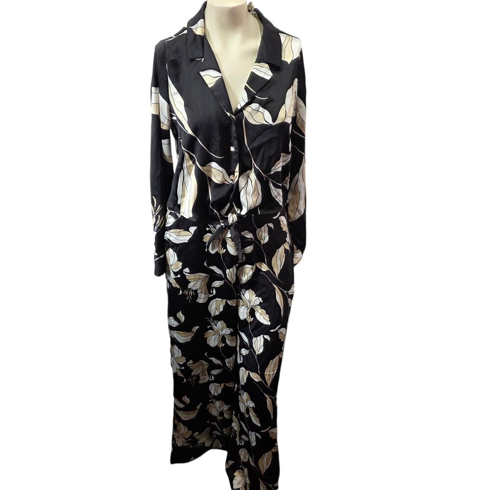 NWT Bailey 44 2 Piece Set Womens M Black Floral Satin Blouse Pants Lounge
